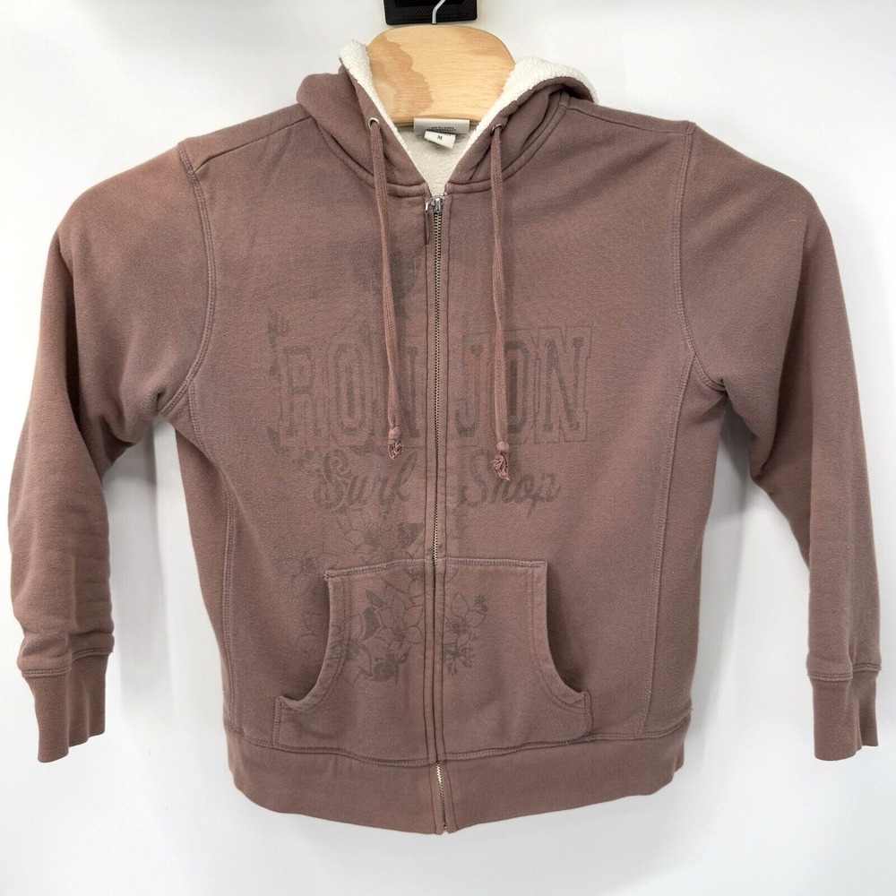 Ron Jon Surf Shop Hoodie Women M Brown Sherpa Lined Zip Up Graphic Sweatshirt